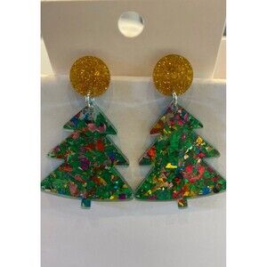 Christmas Tree Earrings Glitter Sparkle Dangle Festive Holiday‎ Lightweight FUN!